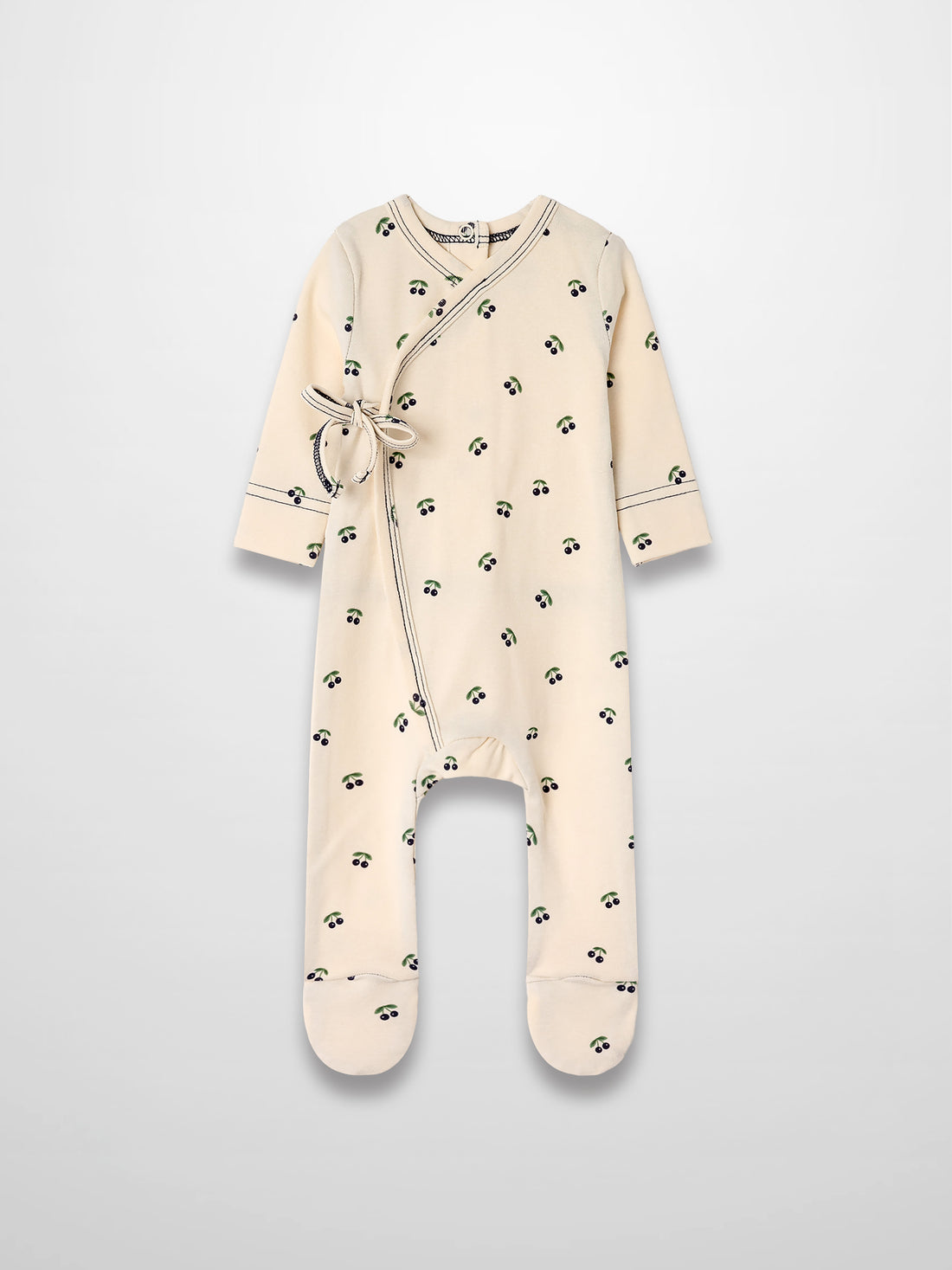 Blue Cherry Stretchy baby romper, wrap-front with side tie, blue stitching, off-white fabric with cherry leaves print