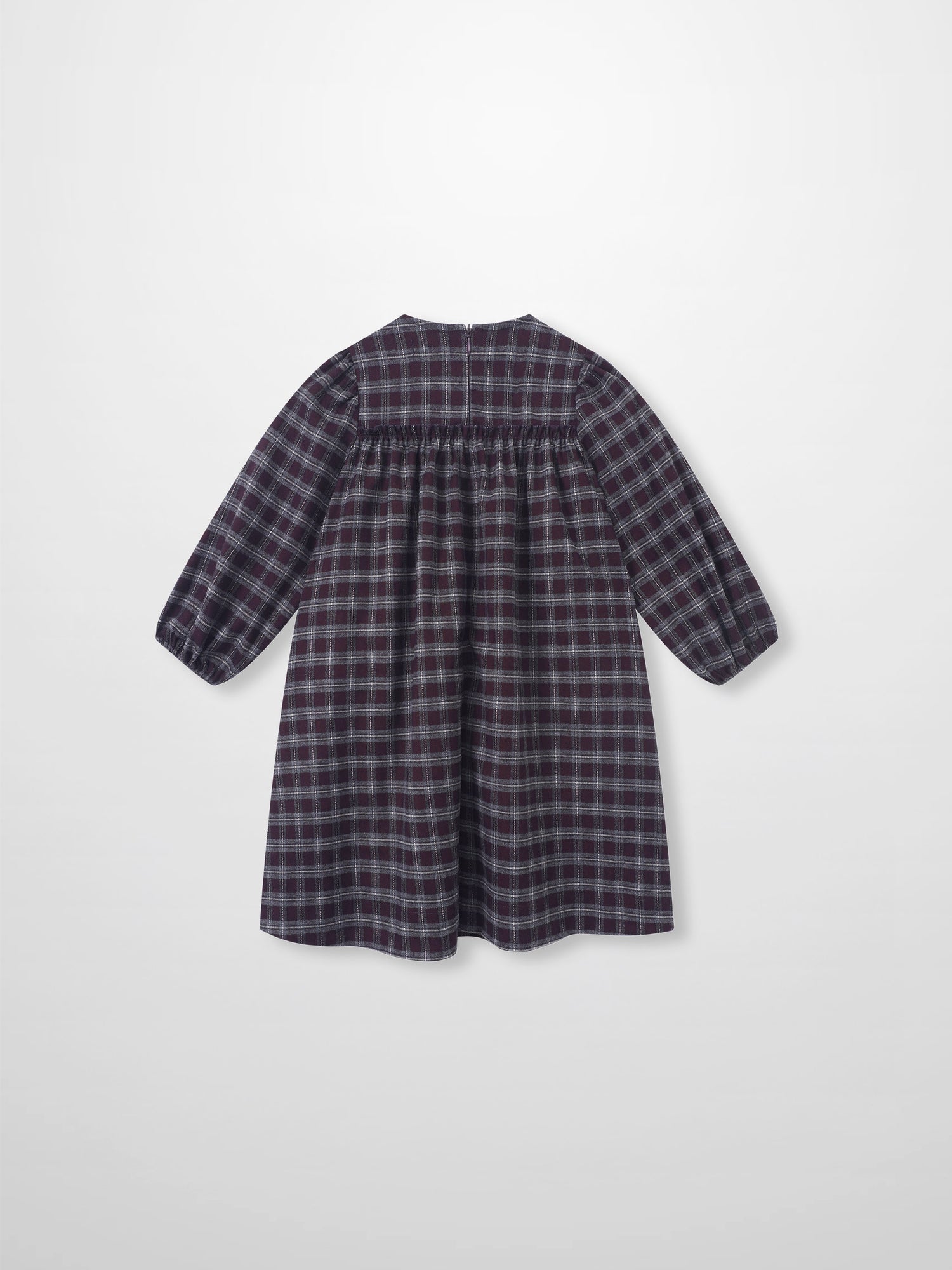 Plaid Dress - Burgundy for girls by Adee; back view with long sleeves and gathered yoke.
