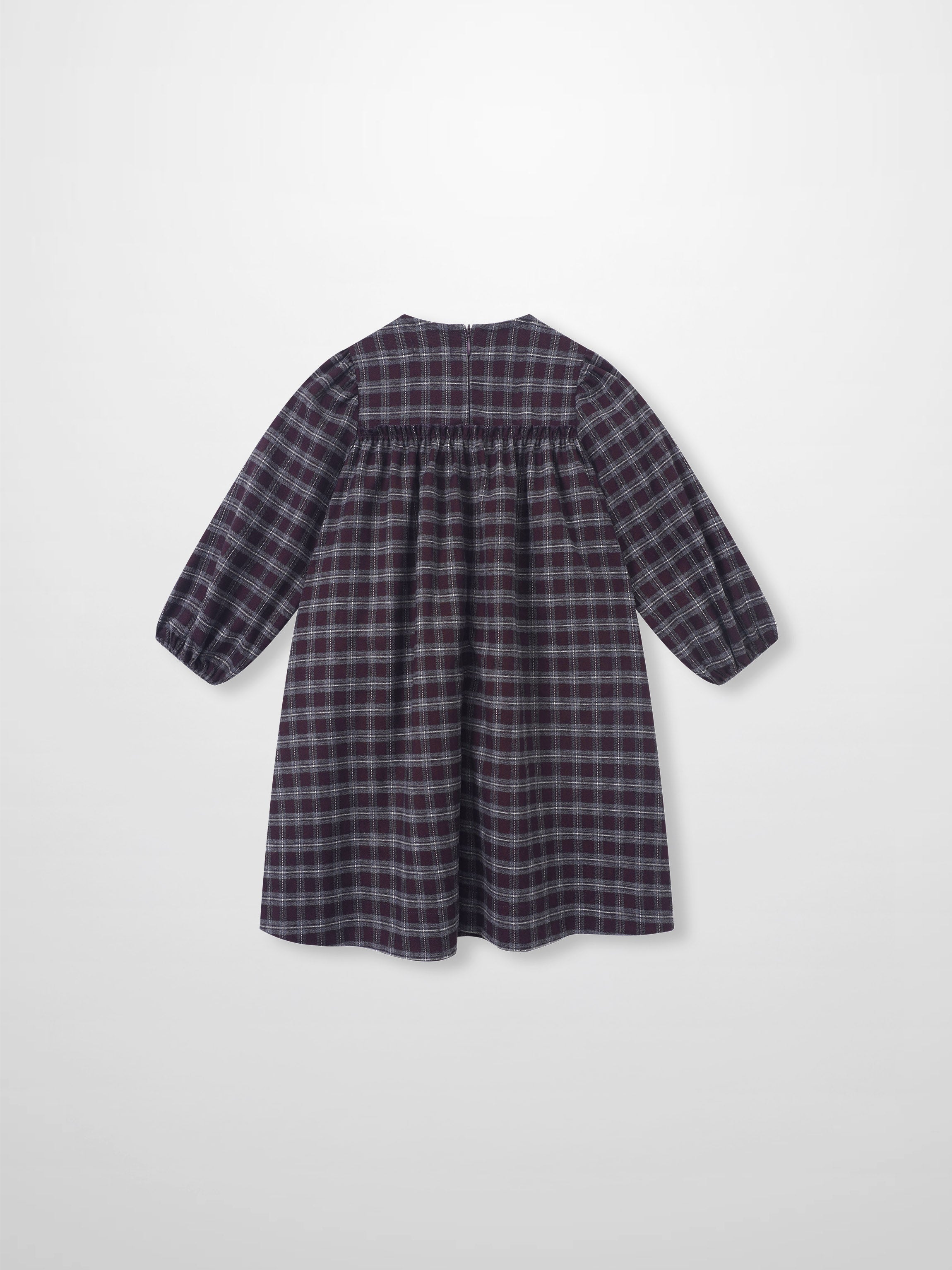 Plaid Dress - Burgundy for girls by Adee; back view with long sleeves and gathered yoke.