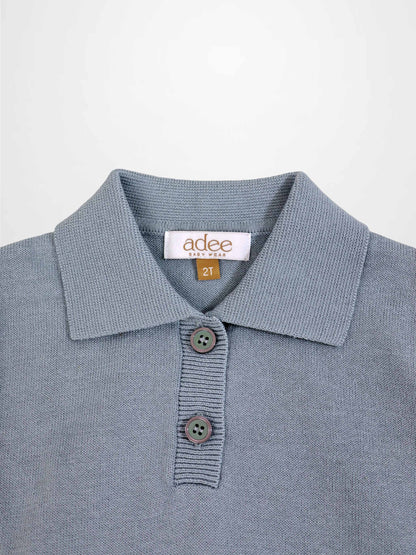 Light blue knit sweater with polo collar and two-button placket, size 2T.