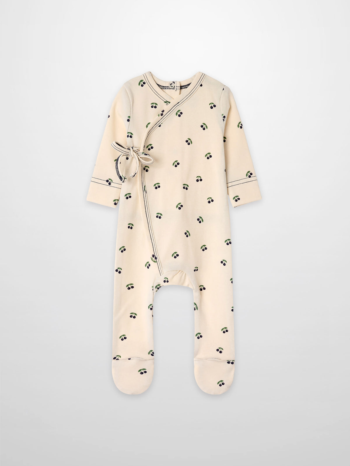 Blue Cherry Stretchy by Adee, boys wrap-style footed onesie with blue cherries on green leaves