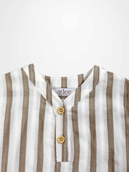 Adee tan and white striped boys dress shirt with a two-button placket.