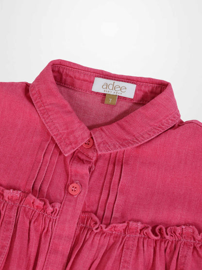 Pink denim dress with 3/4 sleeves, collar, and pleated yoke detail.