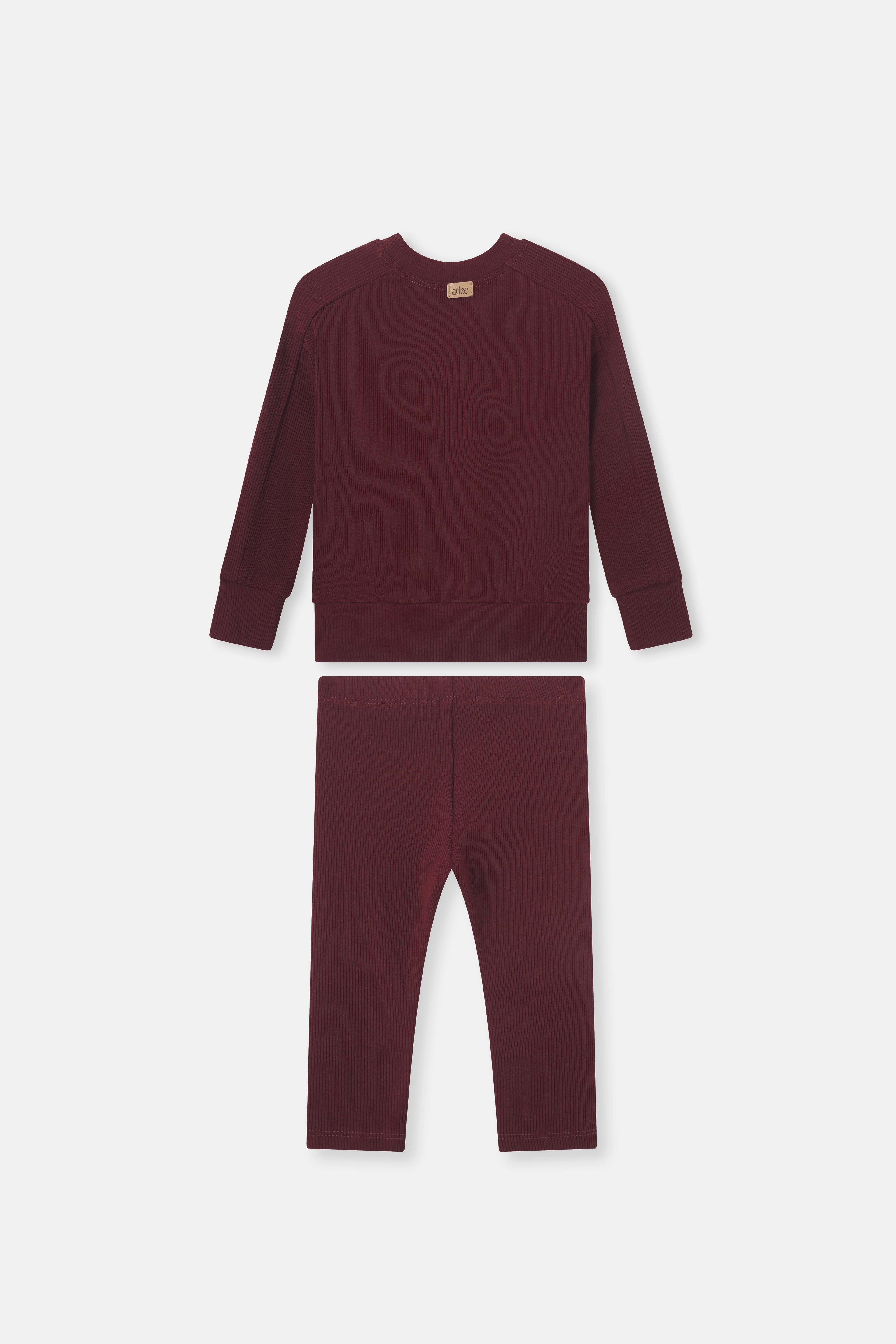Bomber Set Burgundy for little girls by Adee; ribbed knit top with long sleeves and matching pants.