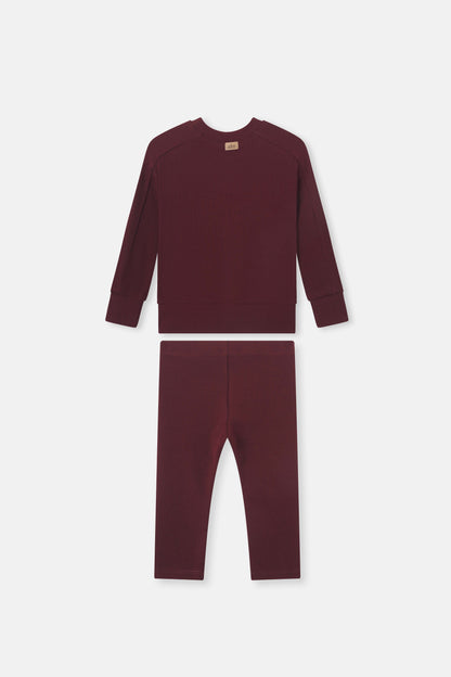 Bomber Set Burgundy for little girls by Adee; ribbed knit top with long sleeves and matching pants.