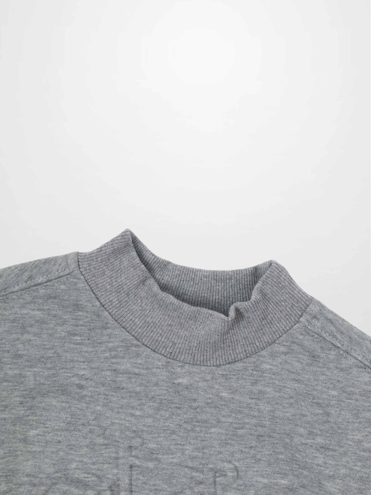 Grey Bike Sweatshirt collar close-up with ribbed mock neck and cozy fabric.