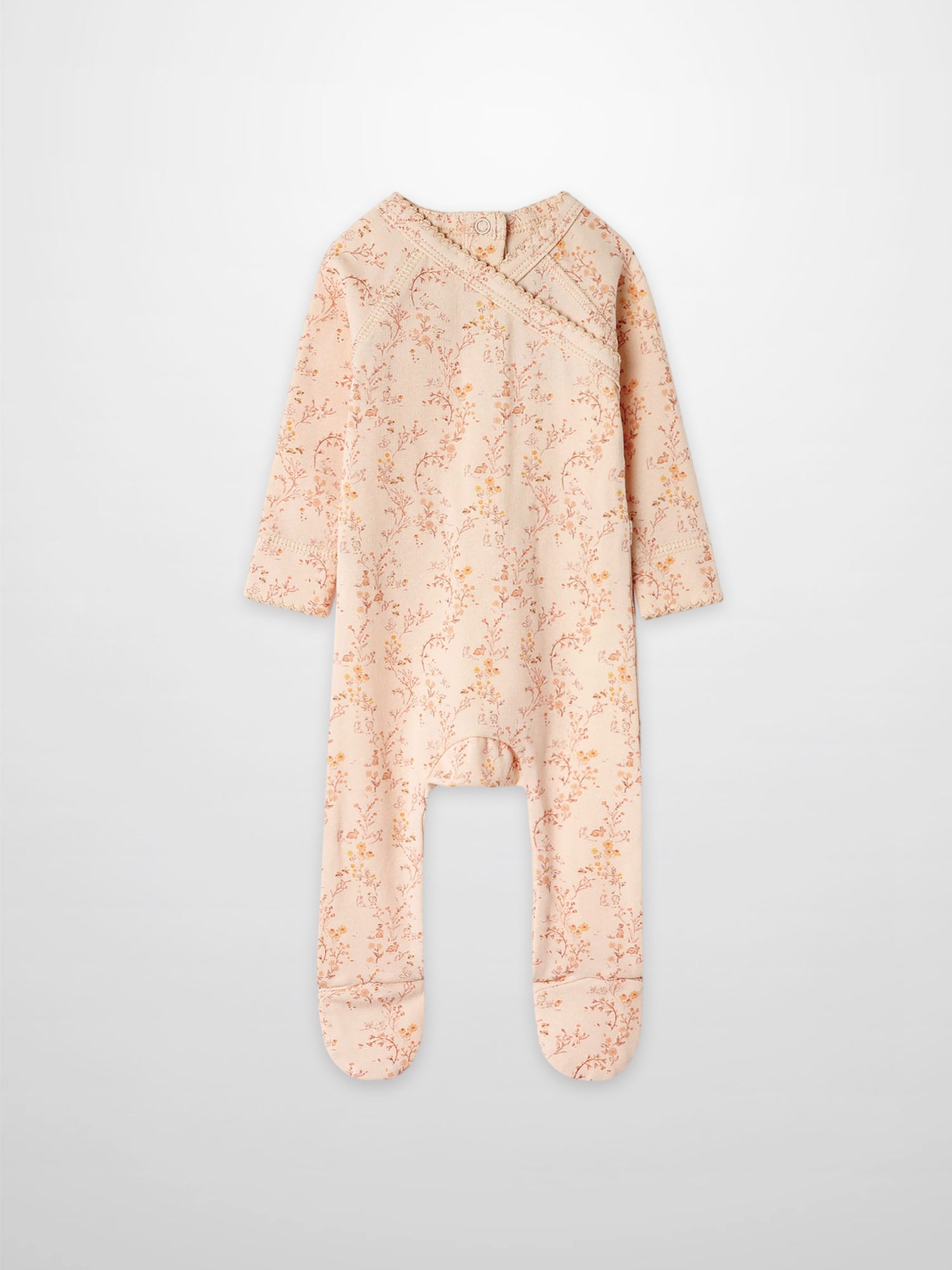 Sweet Meadow Stretchy jumpsuit for girls in light pink floral print by Adee, footed design.