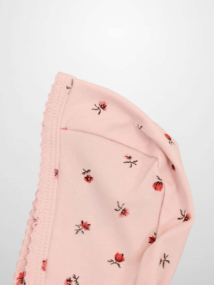 Pink Petal Bonnet for girls, pink knit with tiny red floral prints and scalloped trim.
