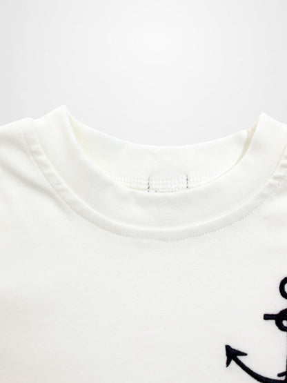 Embroidered Anchor Boxy Short Sleeve T-Shirt in white cotton for boys