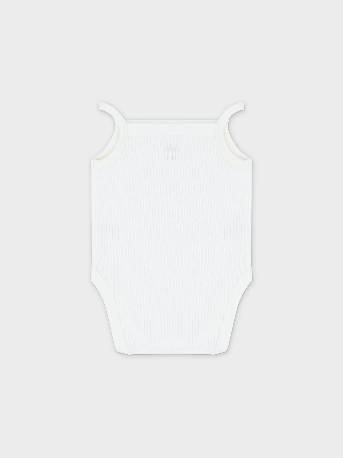 White ribbed undershirt bodysuit with thin straps and square neckline; snap bottom, part of a 3-pack.