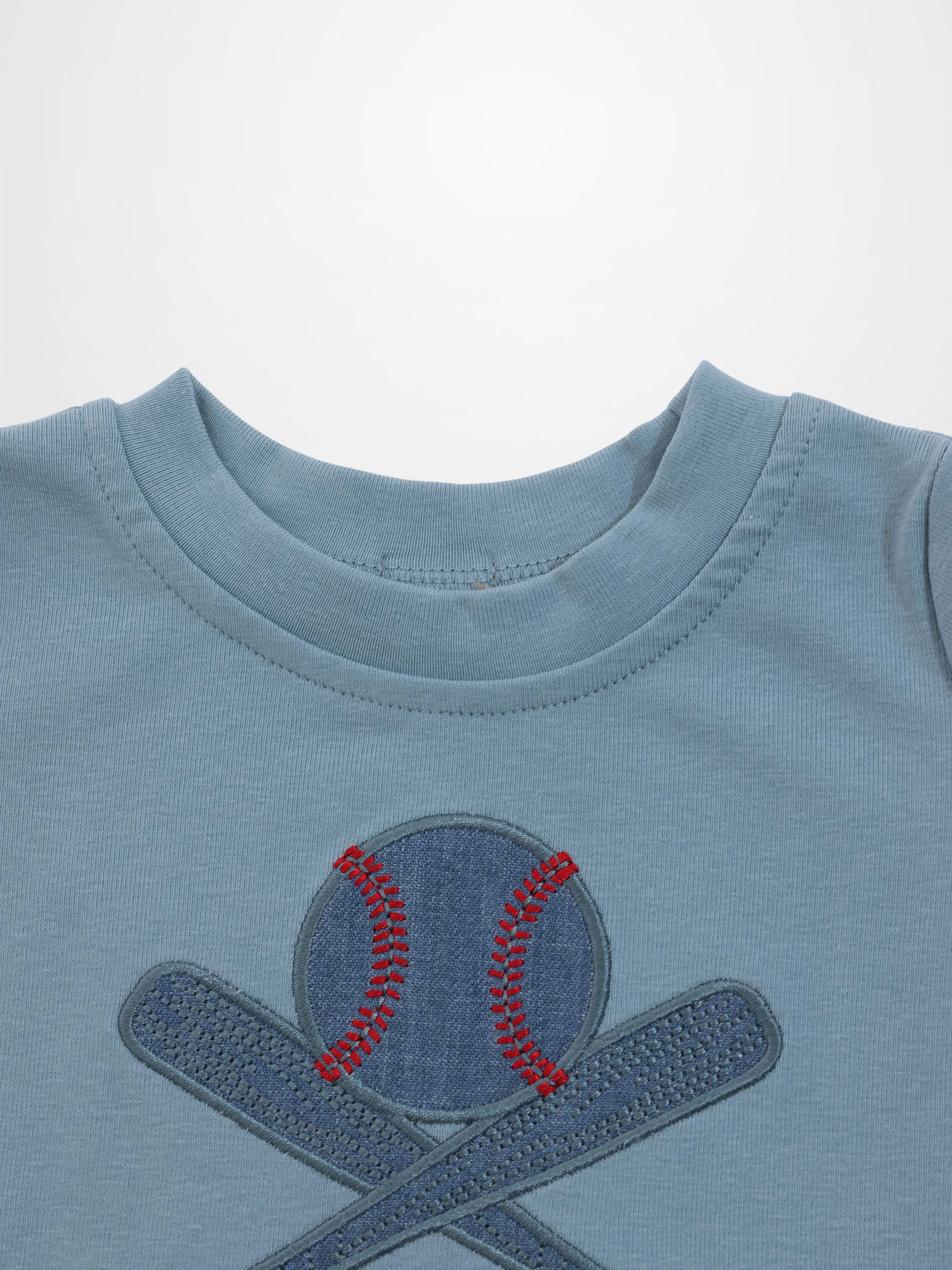 Light blue Baseball T-shirt with embroidered navy baseball and crossed bats design.