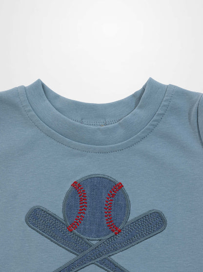 Light blue Baseball T-shirt with embroidered navy baseball and crossed bats design.