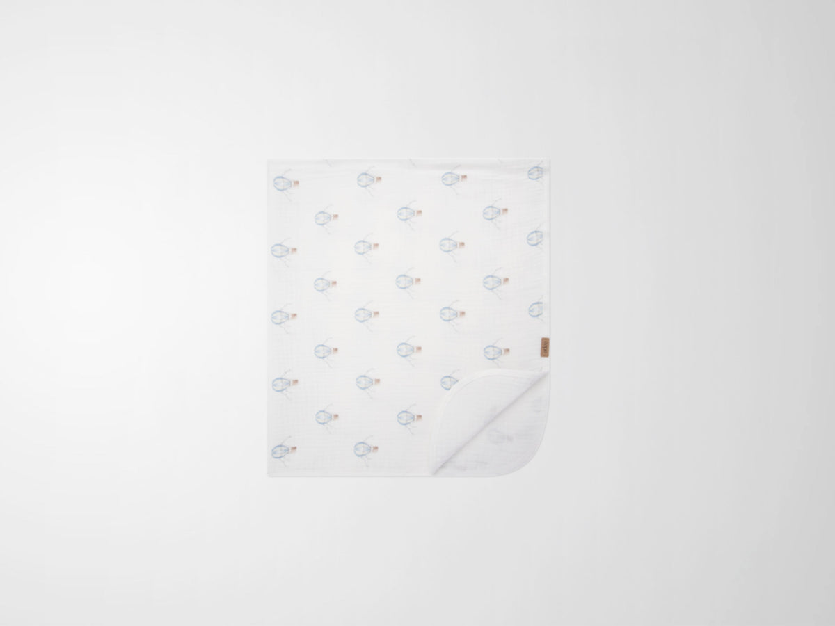 Blue Balloon Blanket by Adee; white boys swaddle blanket with light blue balloon pattern