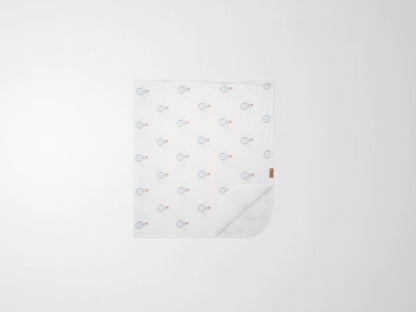 Blue Balloon Blanket by Adee; white boys swaddle blanket with light blue balloon pattern