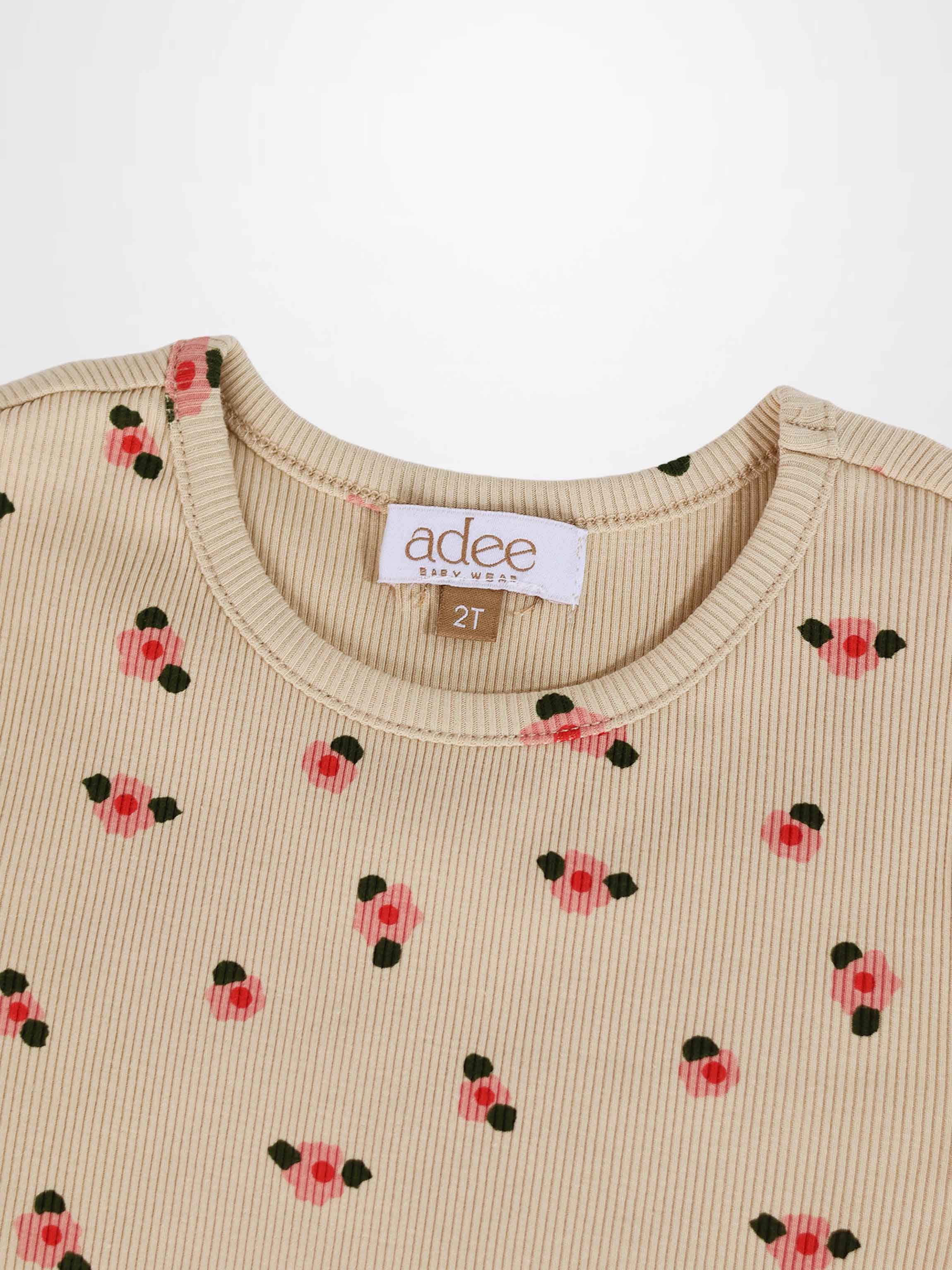 Adee tan floral ribbed short-sleeve girls&