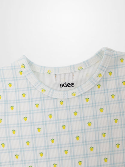 Lemon Window Pajamas top in light blue plaid with tiny yellow lemons on white base; crew neck.