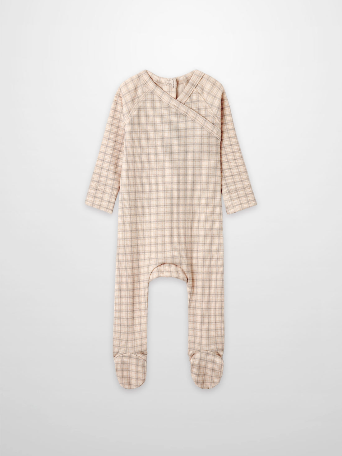 Oatmeal Grid Stretchy - Blue boys stretchies jumpsuit in light beige grid fabric with feet, Adee