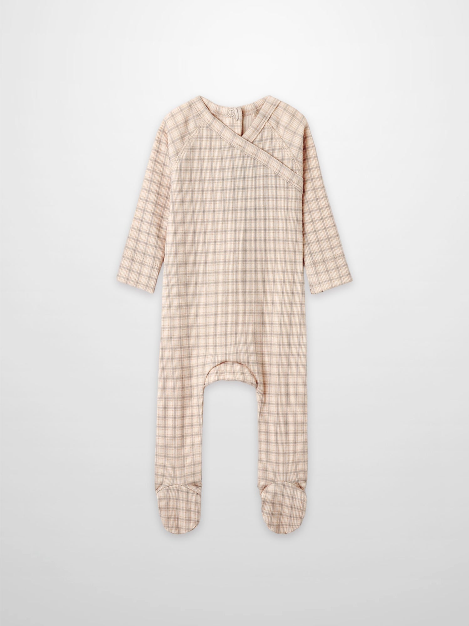 Oatmeal Grid Stretchy - Blue boys stretchies jumpsuit in light beige grid fabric with feet, Adee