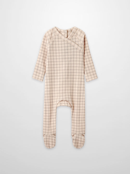 Oatmeal Grid Stretchy - Blue boys stretchies jumpsuit in light beige grid fabric with feet, Adee