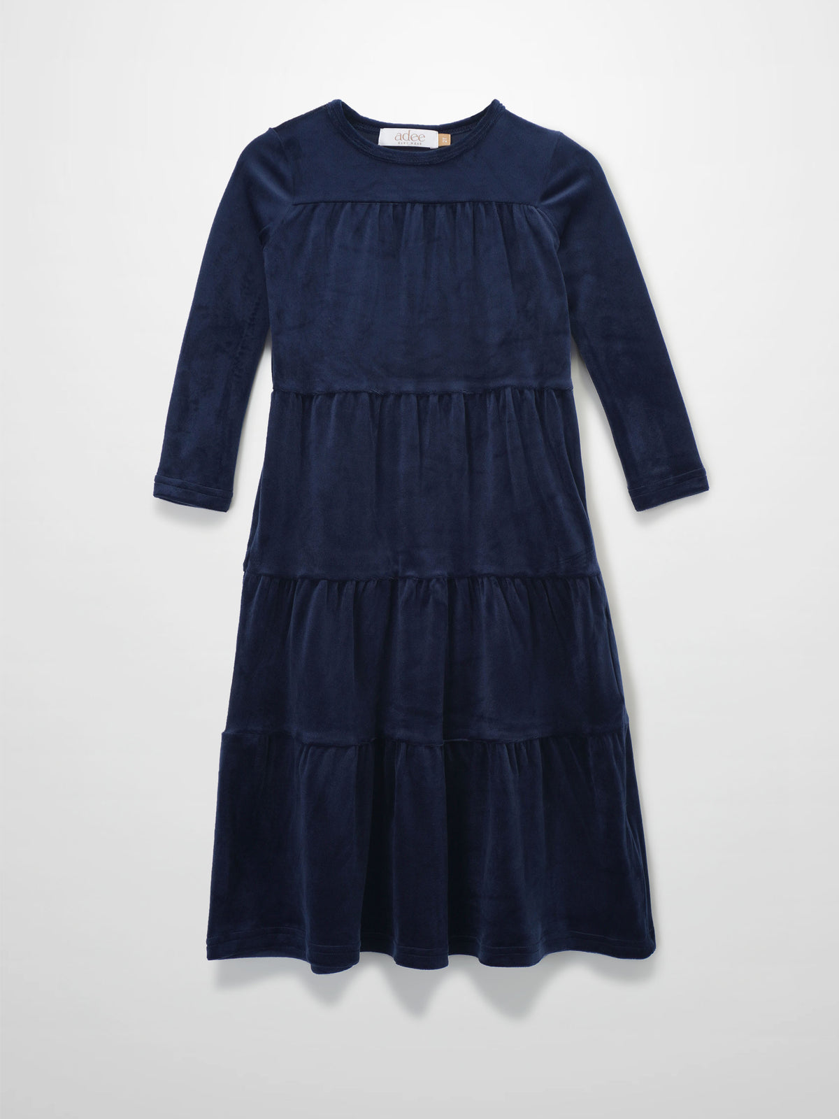 Tiered navy velour dress for girls, long sleeves, cozy maxi length.