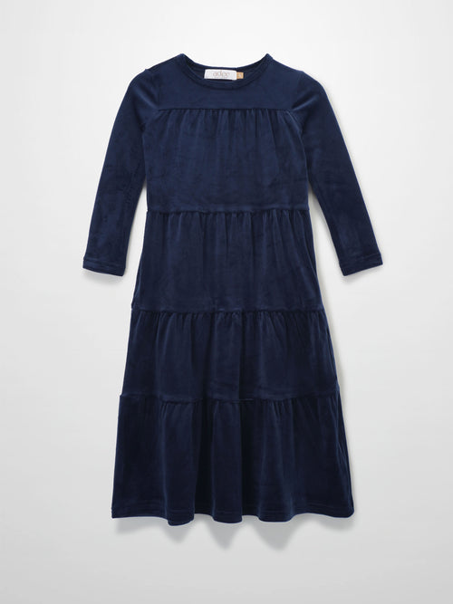 Tiered navy velour dress for girls, long sleeves, cozy maxi length.