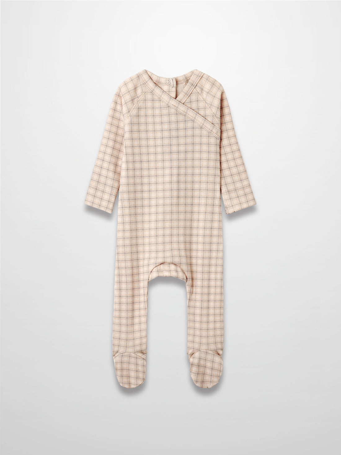Oatmeal grid stretchy baby jumpsuit footie in blue and brown plaid, wrap neckline, footed design.