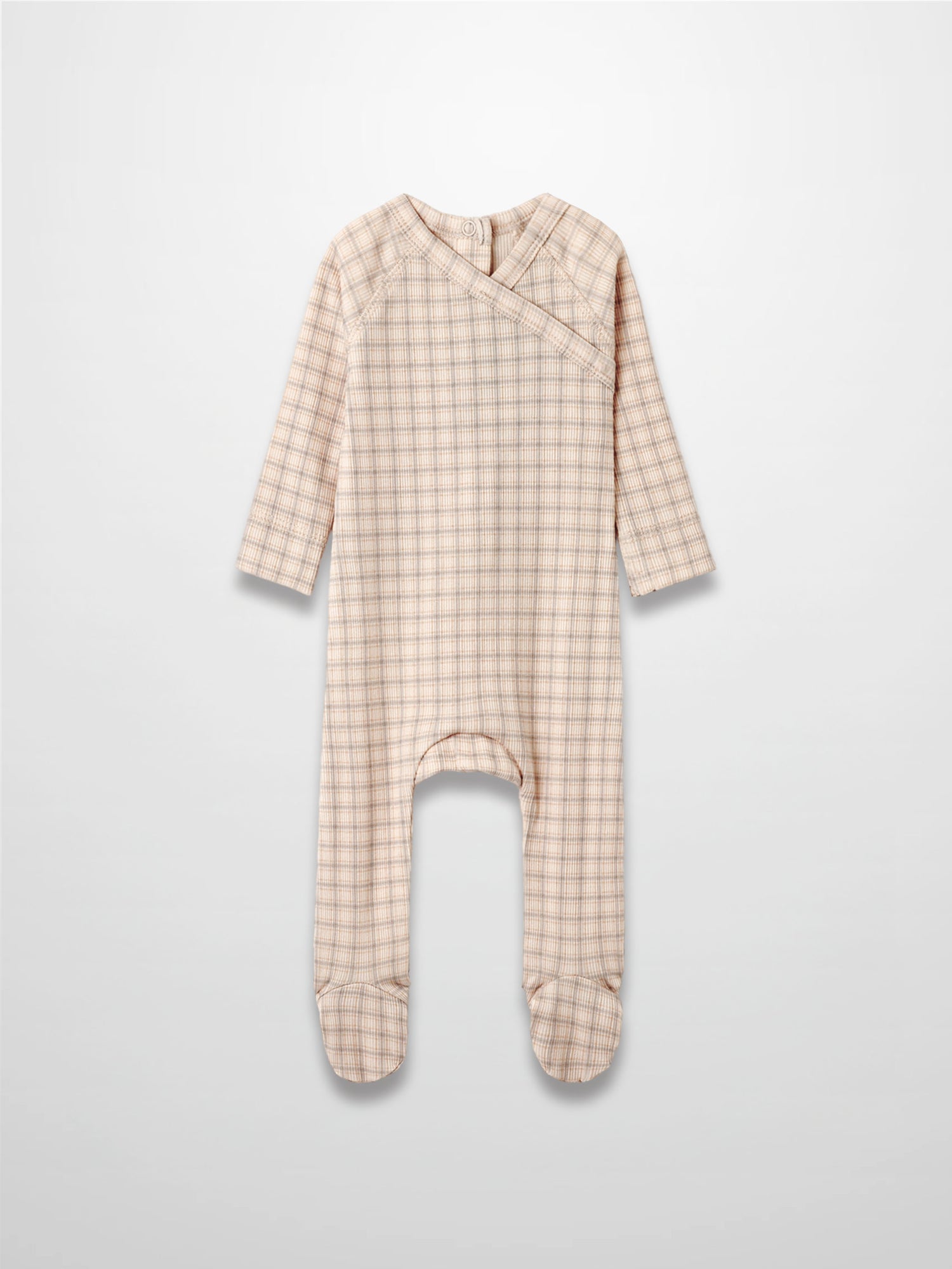 Oatmeal grid stretchy baby jumpsuit footie in blue and brown plaid, wrap neckline, footed design.