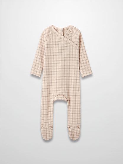 Oatmeal grid stretchy baby jumpsuit footie in blue and brown plaid, wrap neckline, footed design.