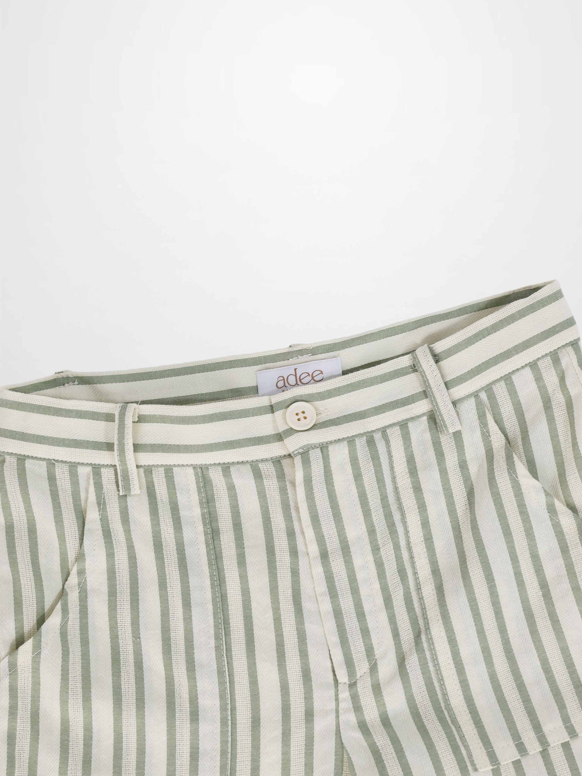 Green striped Adee boys dressy denim shorts with belt loops and beige button