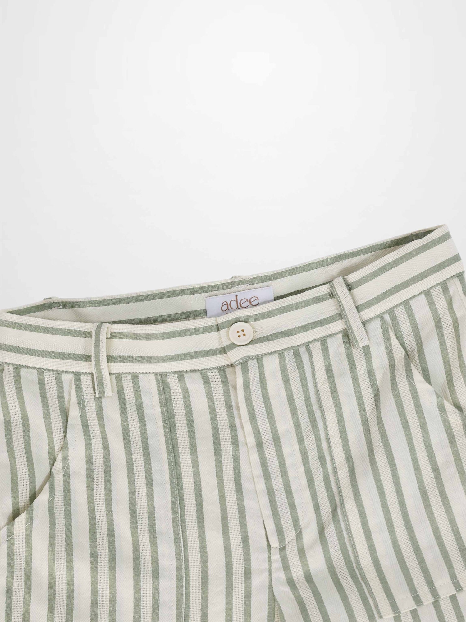 Green striped Adee boys dressy denim shorts with belt loops and beige button