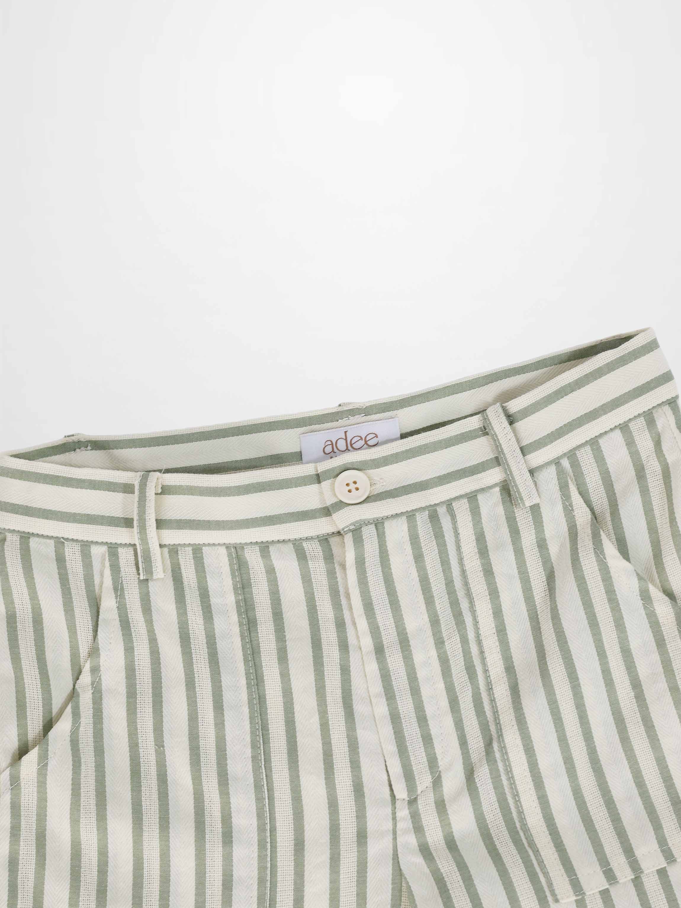 Green striped Adee boys dressy denim shorts with belt loops and beige button