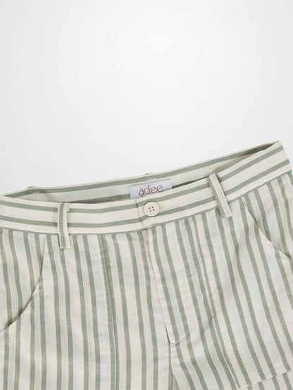 Green striped Adee boys dressy denim shorts with belt loops and beige button