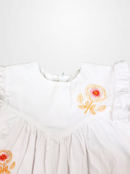 Embroidered Flower Dress - Short Sleeve, white girls dress with orange floral embroidery and ruffled sleeves