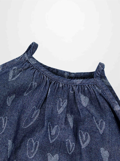 Denim Heart Jumper dress for girls by Adee, blue denim with white heart prints and gathered neckline.