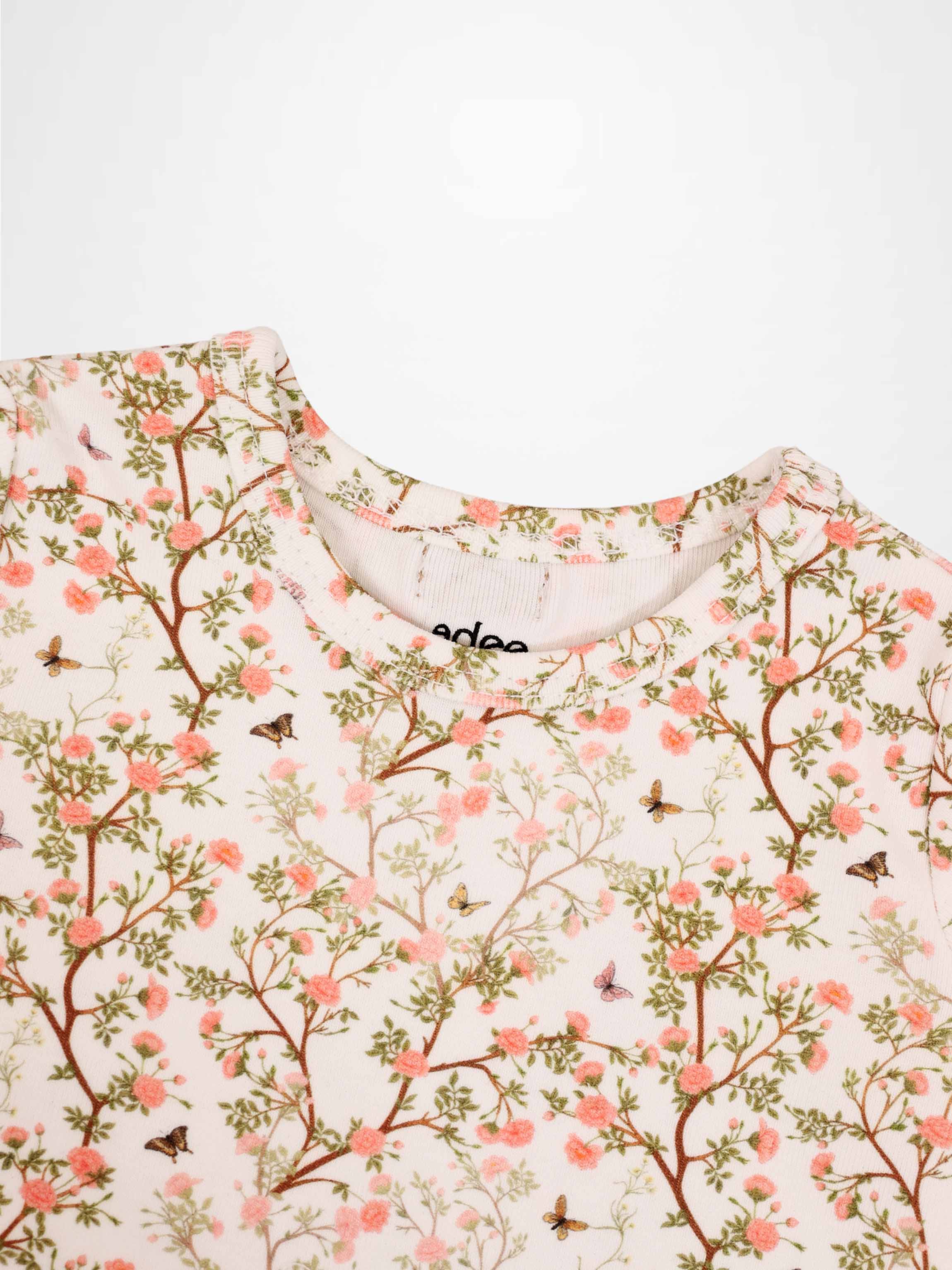 Spring Floral Short Sleeve T-Shirt for girls by Adee with pink blossom and butterfly print.