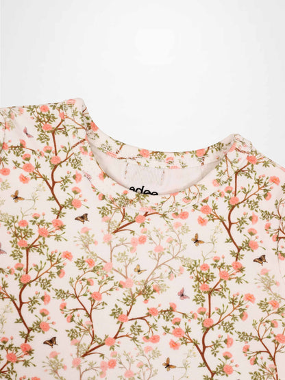 Spring Floral Short Sleeve T-Shirt for girls by Adee with pink blossom and butterfly print.