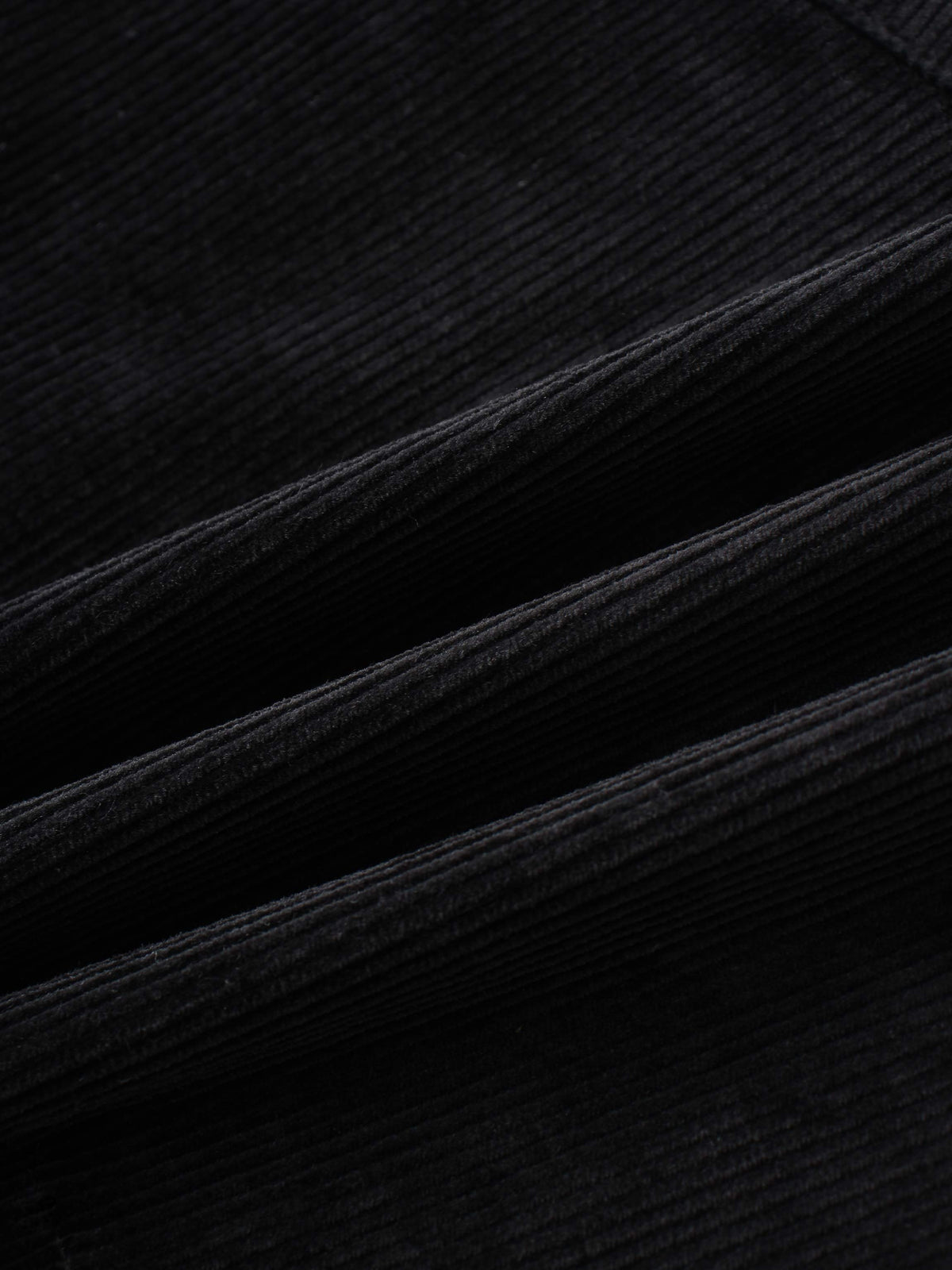 Close-up of black corduroy fabric with distinct ridges and soft texture