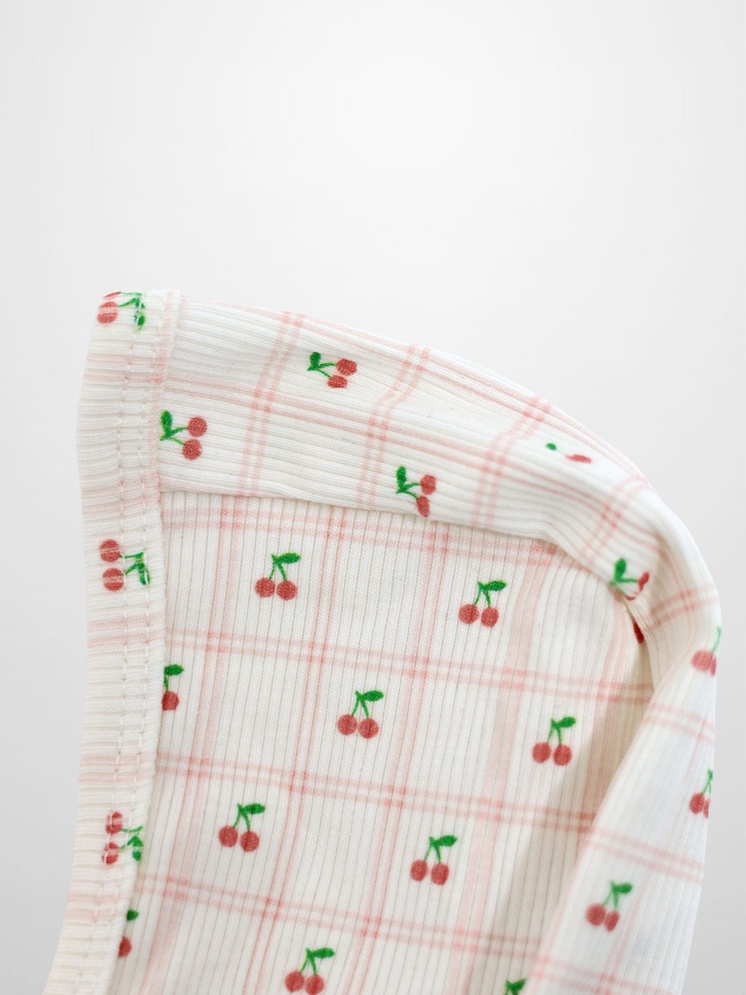 Cherry Window Bonnet for girls; white thin-rib knit with pink plaid and cherry print