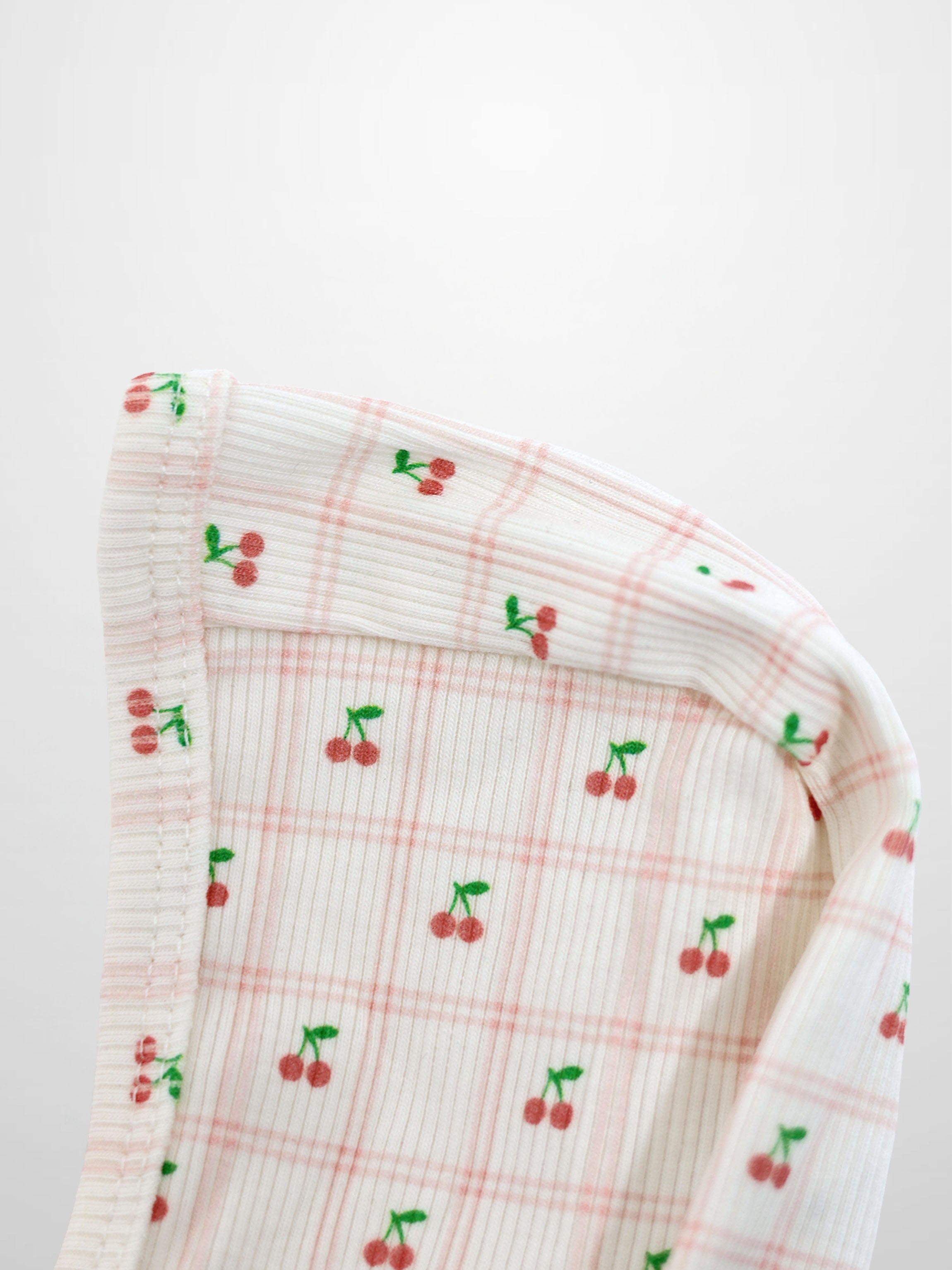 Cherry Window Bonnet for girls; white thin-rib knit with pink plaid and cherry print