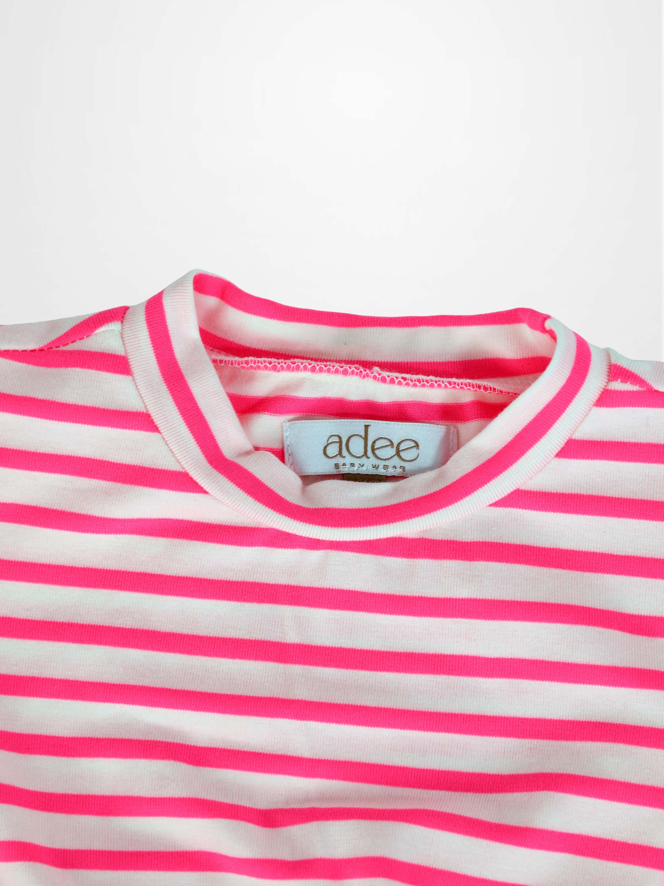 Neon pink striped dress for girls, short sleeves, Adee brand, label visible.