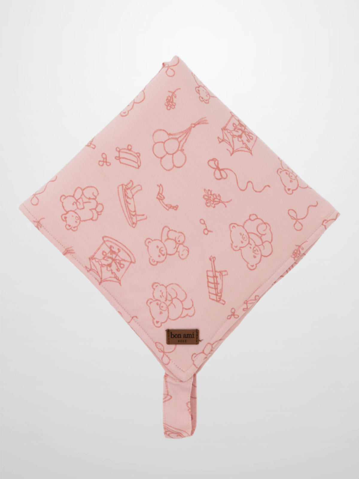 Storybook Lovey with Clip - Pink by Bon Ami; pink baby lovey with clip and bear prints.