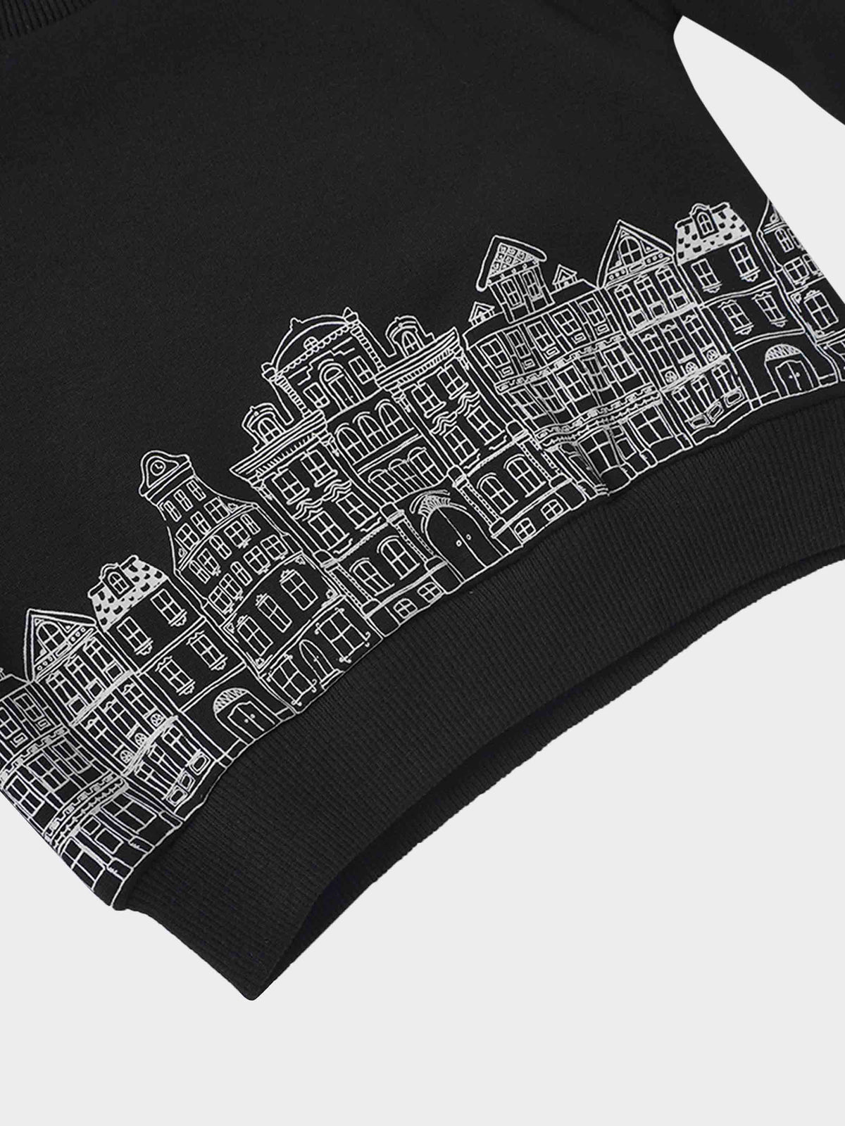 Black Skyline Sweatshirt for kids with a white city skyline print along the hem, ribbed cuffs, and crew neck.