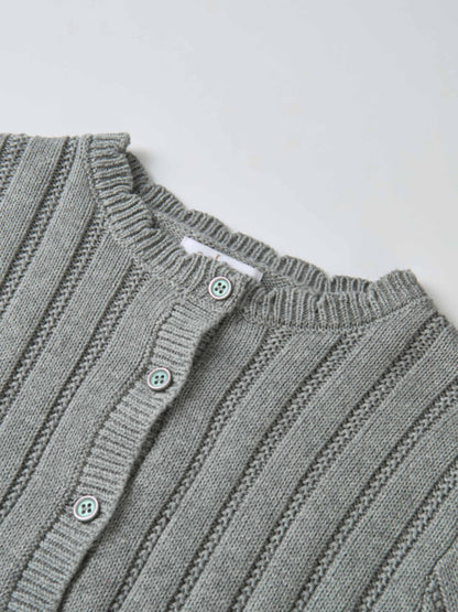 Knit cardigan for girls, grey; dressy top with ribbed texture and pastel buttons.