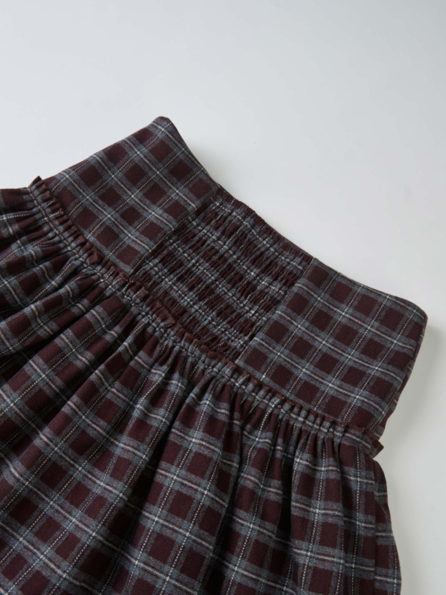 Drop Waist Plaid Skirt - Burgundy with grey plaid pattern and elastic shirred waist