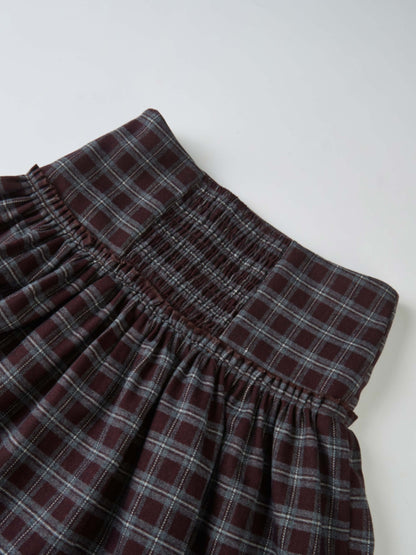 Drop Waist Plaid Skirt - Burgundy with grey plaid pattern and elastic shirred waist