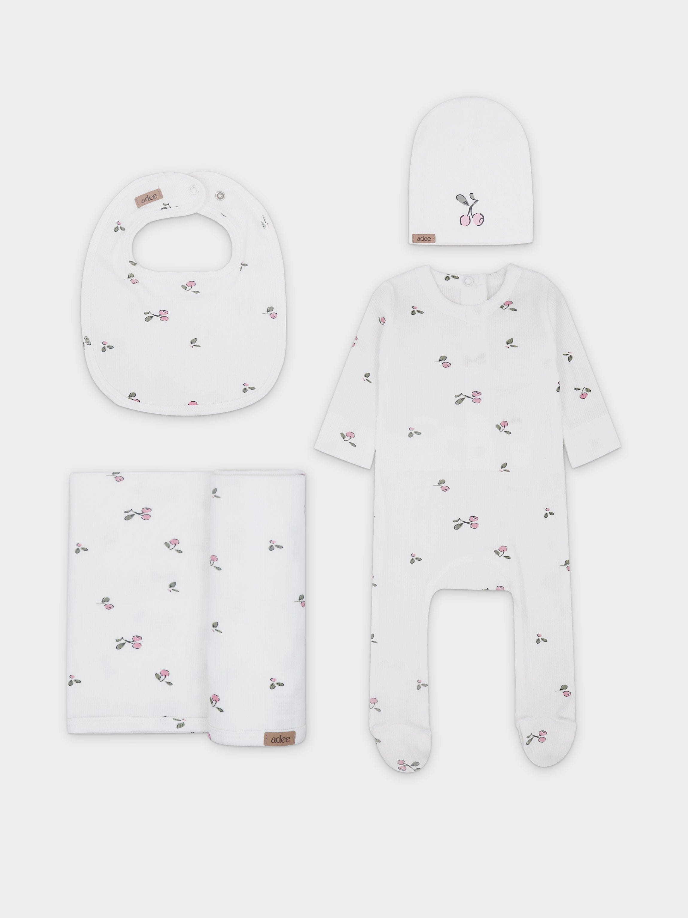 Cherry V-Neck Layette Set-Pink