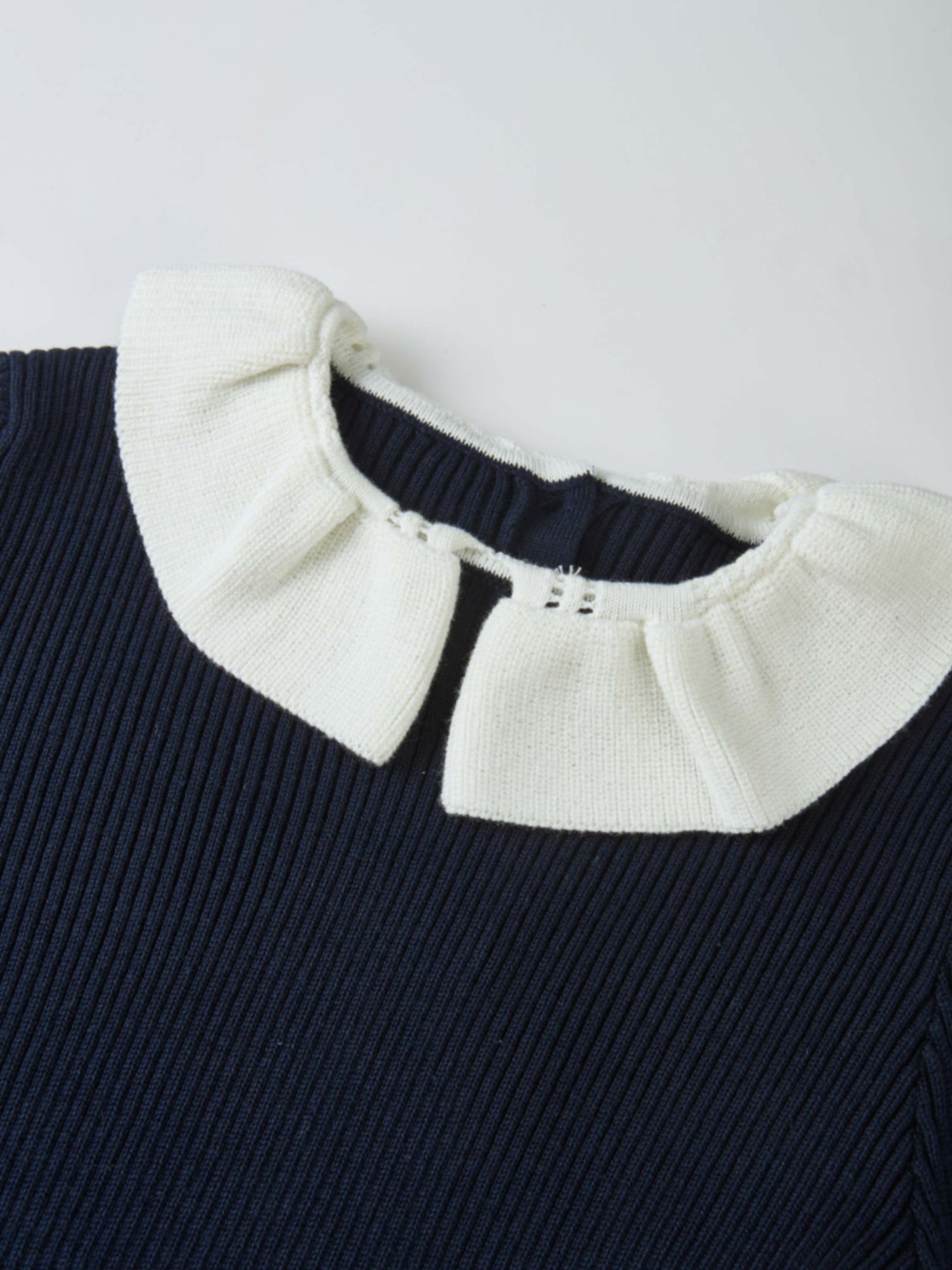 Ruffle Collar Knit Sweater in navy with white collar for girls