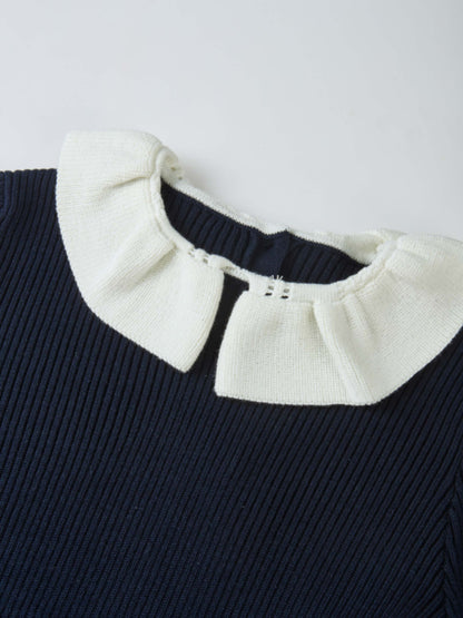 Ruffle Collar Knit Sweater in navy with white collar for girls
