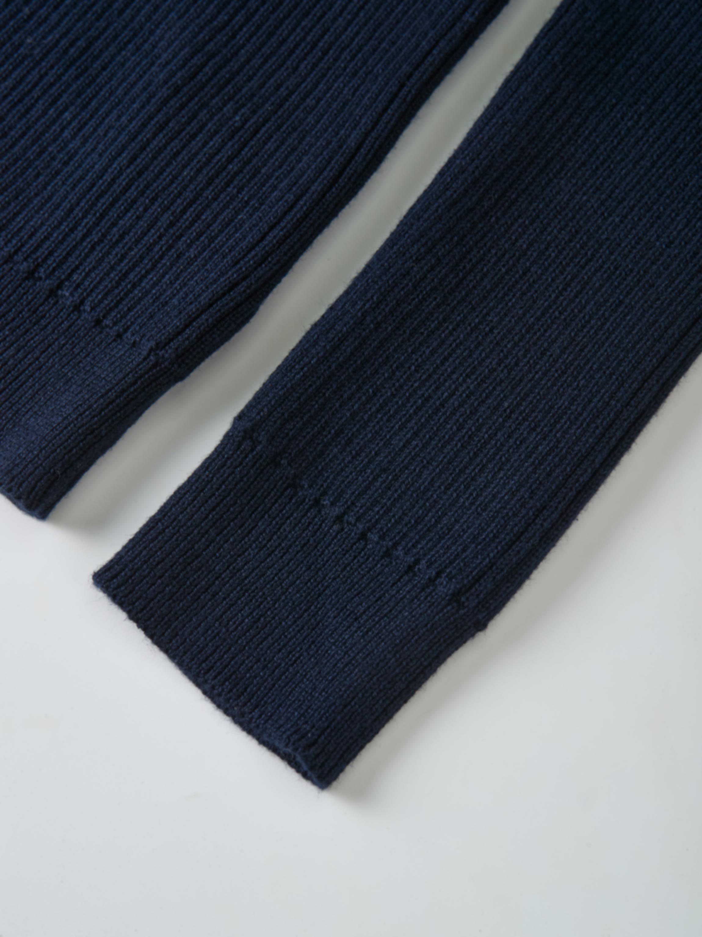 Ruffle Collar Knit Sweater navy close-up of ribbed knit fabric with white trim