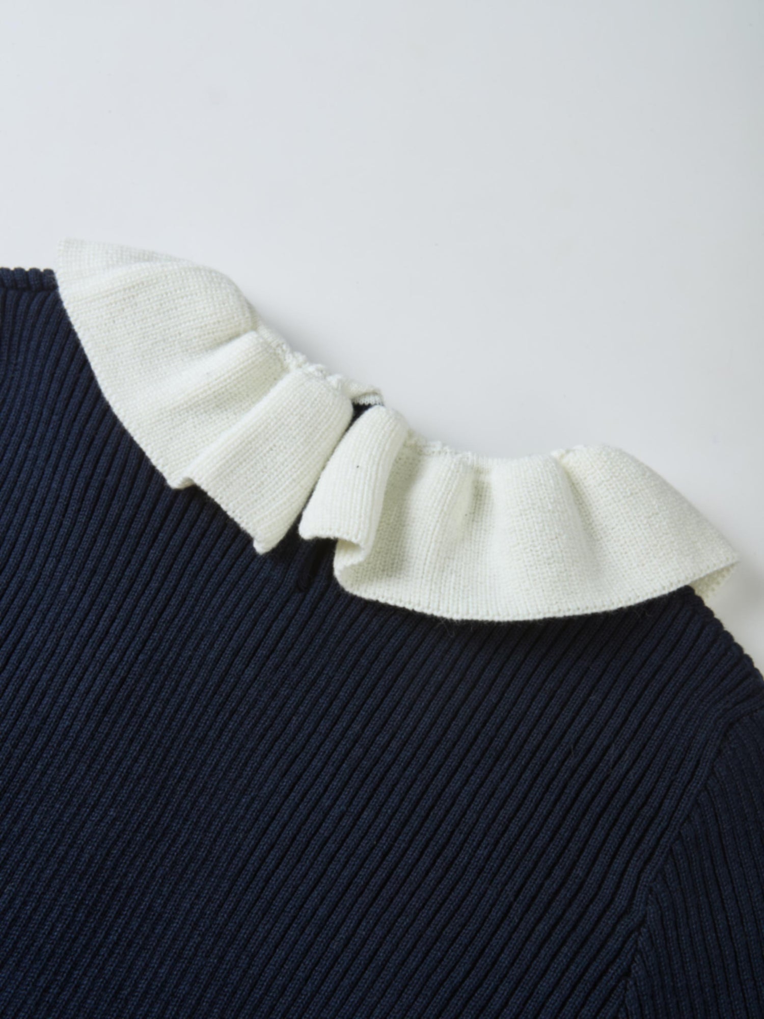 Ruffle Collar Knit Sweater - Navy with cream ruffle neckline, Adee girls dressy top